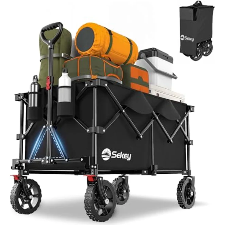 Sekey XXL Plus Bollerwagen Faltbar 200L, 200KG Tragkraft, Geländetauglich mit Bremsen, Patentiertes Klappsystem aus vier Richtungen, Tiefschwarz – Bild 1