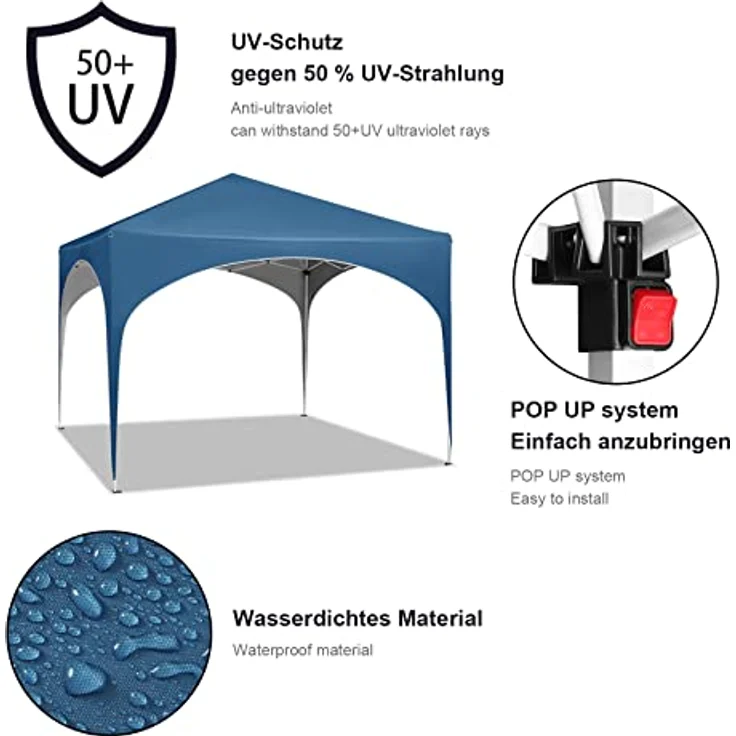 WOLTU Pavillon Pop-Up wasserdichter Faltpavillon Sonnenschutz Event Gazebo Gartenpavillon auf Terrasse Camping Festival mit Halbmonddach Pagodenzelt des Halbkreises aus Oxford Metallrahmen 3x3m Blau – Bild 5