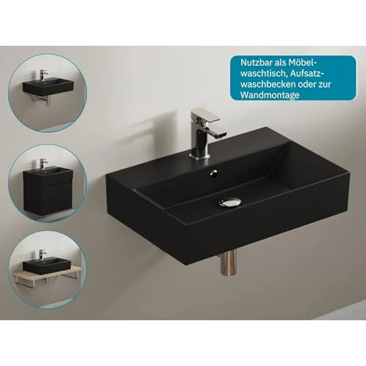 Aqua Bagno | Eckiges Waschbecken mit dünnem Rand, schwarz matt, Aufsatzwaschbecken, hochwertige Keramik | 600 x 420 mm – Bild 2