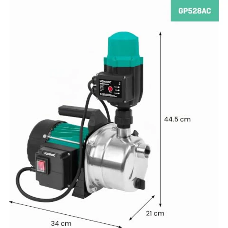 VONROC Hydrofoorpumpe 1000W, Automatische Wasserpumpe mit Druckschalter und Trockenlaufschutz, Fördermenge 3500l/h, 4,4bar für Gartenbewässerung – Bild 8