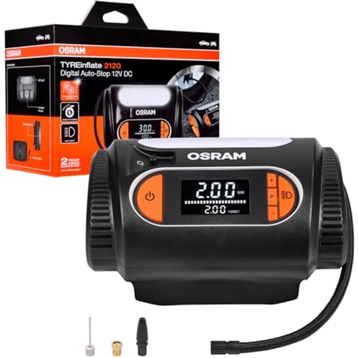 Osram OTI2120 Kompressor TYREinflate 2120, schneller Reifenfüller mit digitalem Display und Auto-Stopp-Funktion, 3 m Kabel, flexibel 60 cm Schlauch – Bild 2