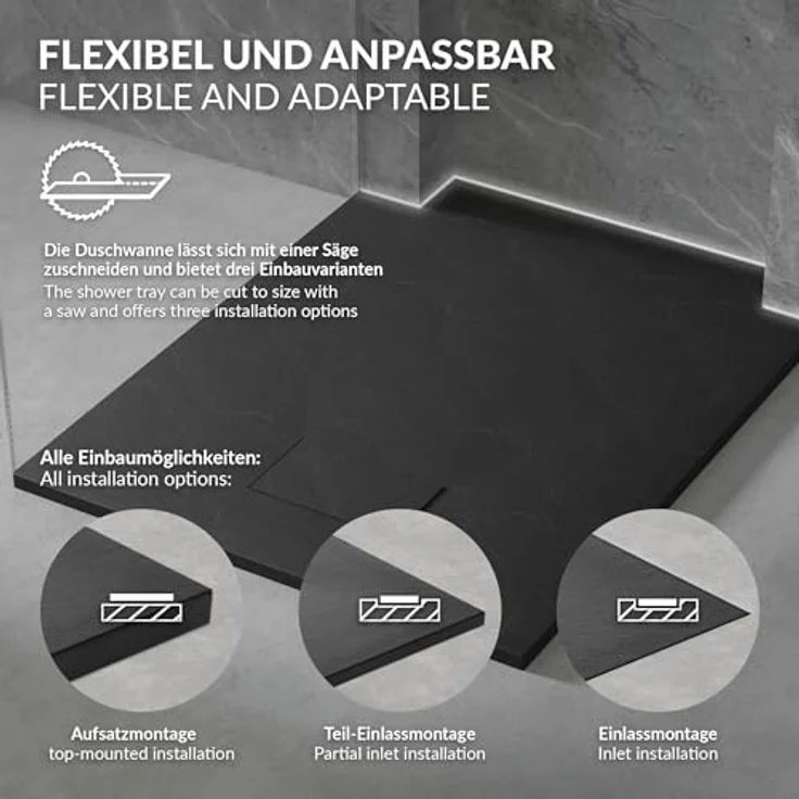 LuxeBath Duschwanne 100x70 cm Schwarz mit rutschfester Oberfläche und Ablaufgarnitur aus SMC, Höhe 3 cm – Bild 4