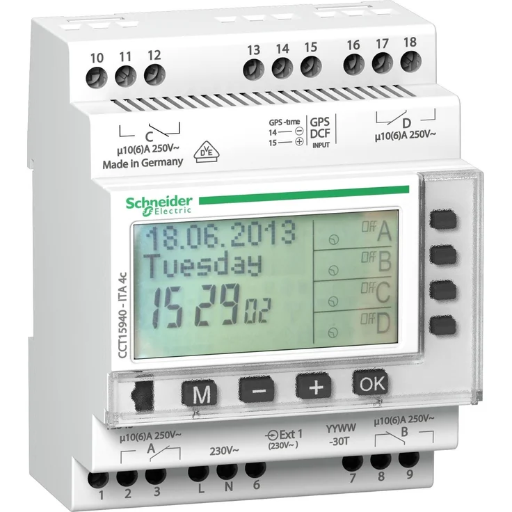 Schneider Electric ITA 4c, Digitale Jahreszeitschaltuhr 72mm, vier Programme, kompakt für Hutschienenmontage, IP20