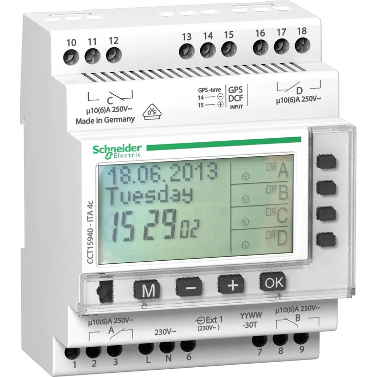 Schneider Electric ITA 4c, Digitale Jahreszeitschaltuhr 72mm, vier Programme, kompakt für Hutschienenmontage, IP20