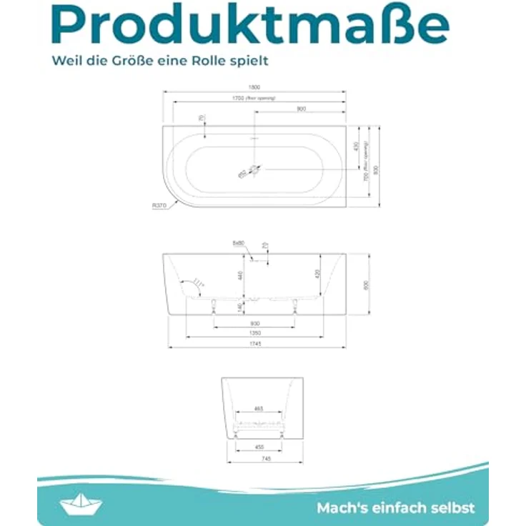 Calmwaters Badewanne Seamless Comfort, 5-tlg. Komplettset, 180 x 80 cm, fugenlos mit Pop-Up-Ventil, für 2 Personen, modulare Montage, 02SL6224 – Bild 7