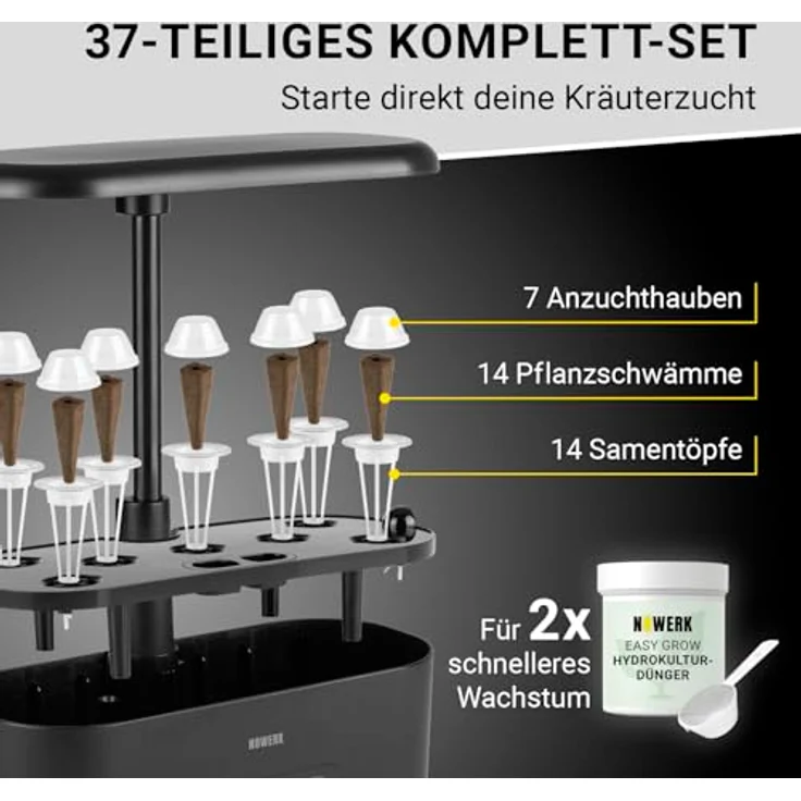 N8WERK Hydroponisches Anzuchtsystem mit imitiertem Tageslichtspektrum, inkl. 14 Pflanzschwämmen, 14 Samentöpfen, 7 Anzuchthauben & Dünger, höhenverstellbar, automatische Bewässerung – Bild 5