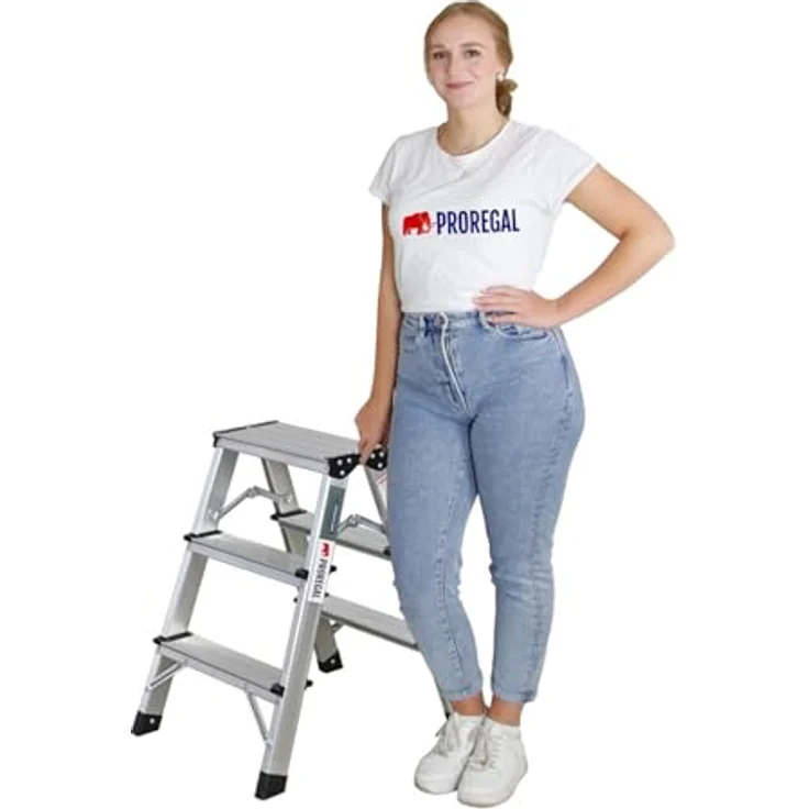 PROREGAL® Stehleiter APOLLO, beidseitig begehbar, Traglast 150kg, Aluminium, Größe 2x3 – Bild 4