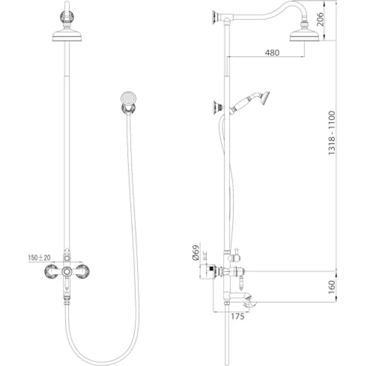 PaulGurkes Duscharmatur PGSETNXAP1, Duschsystem mit Kopfbrause, Handbrause und ausklappbarem Auslauf, Chrom – Bild 2