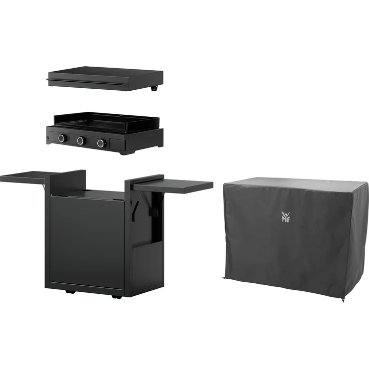 WMF Plancha Set 60G, Gasgrill mit doppelt gebrannter Glaskeramik-Oberfläche, 6300 W, inkl. Planchadeckel und -wagen, schwarz