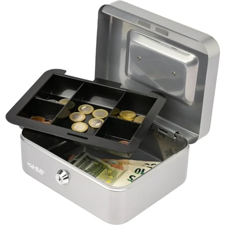 HMF Geldkassette abschließbar, Kasse mit 5 Münzfächern und Tragegriff, Silber, 20 x 16 x 9 cm – Bild 4