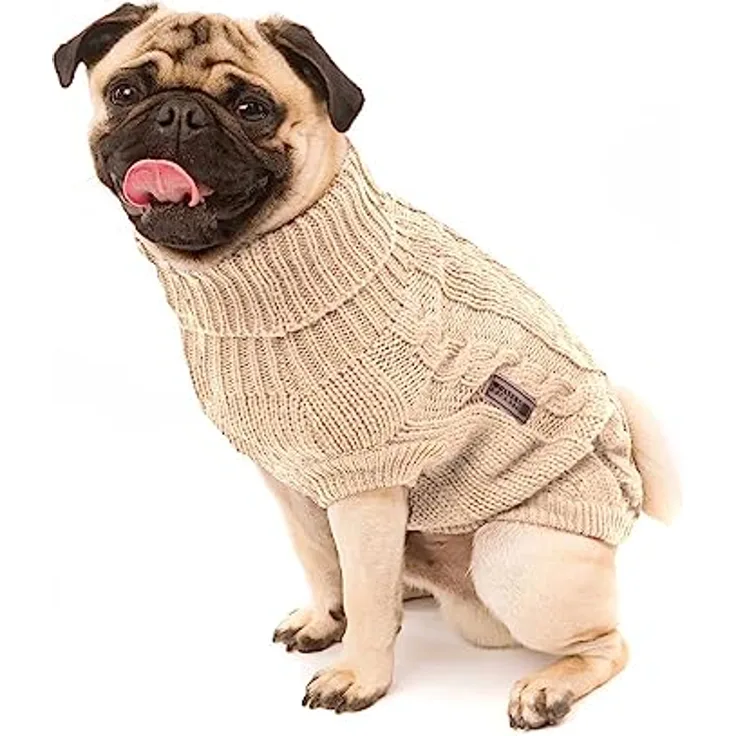 Wolters | Zopf-Strickpullover für Mops&Co in Beige | Rückenlänge 30 cm