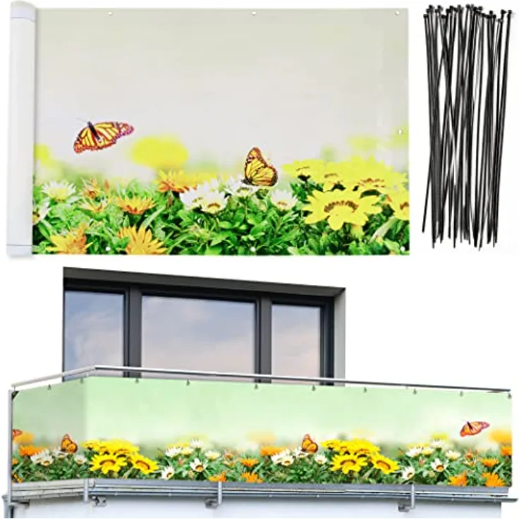 Maximex Balkon-Sichtschutz, praktischer Sichtschutz mit Schmetterlings-Motiv und hoher UV- und Witterungsbeständigkeit, schnelltrocknend und reißfest, 5 m