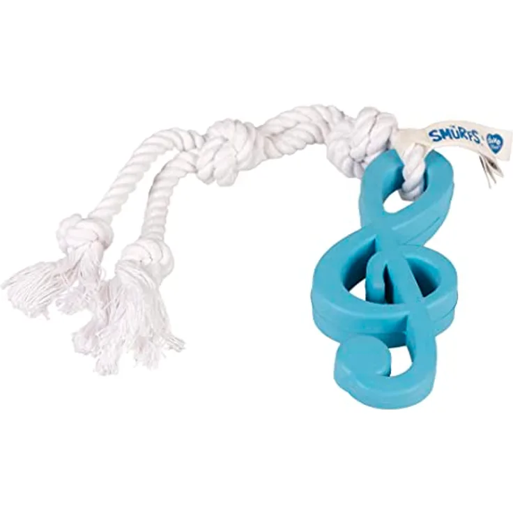 Smurfs duvoplus, Spielzeug aus Gummi, die Schlümpfe 42,5 x 6,2 x 2,5 cm, Musiknote aus Gummi mit Baumwollseil, stimuliert das Kauen, das Baumwollseil dient als Zahnseide