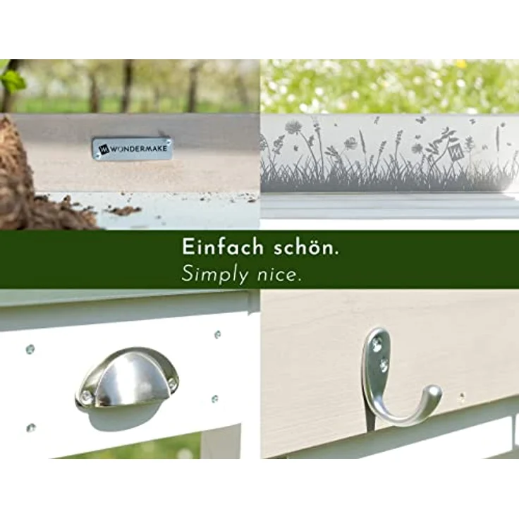 WONDERMAKE Pflanztisch groß weiß mit 3 Schubladen aus Holz wetterfest, Garten-Arbeitstisch XL, Outdoor draußen Balkon hochwertig, Gärtnertisch Umtopftisch, weiß grau – Bild 7