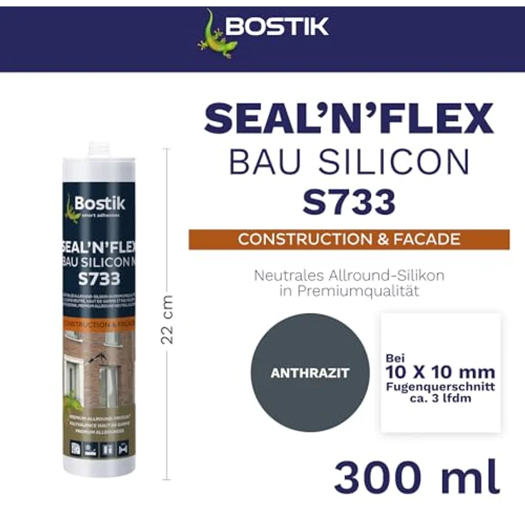 BOSTIK S733 Seal´n´Flex Bau Silikon, Hochleistungs-Dichtungssilikon für Innen- und Außenbereich, anthrazit, 300ml – Bild 2