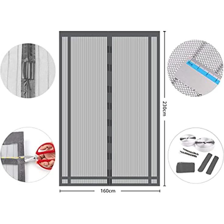 Sekey Magnet Fliegengitter Balkontür ohne Bohren Zuschneidbar, Türvorhang Fliegenschutz, Insektenschutz Tür Vorhang mit Verbreitertem Klebeband 160x230cm, Grau – Bild 2