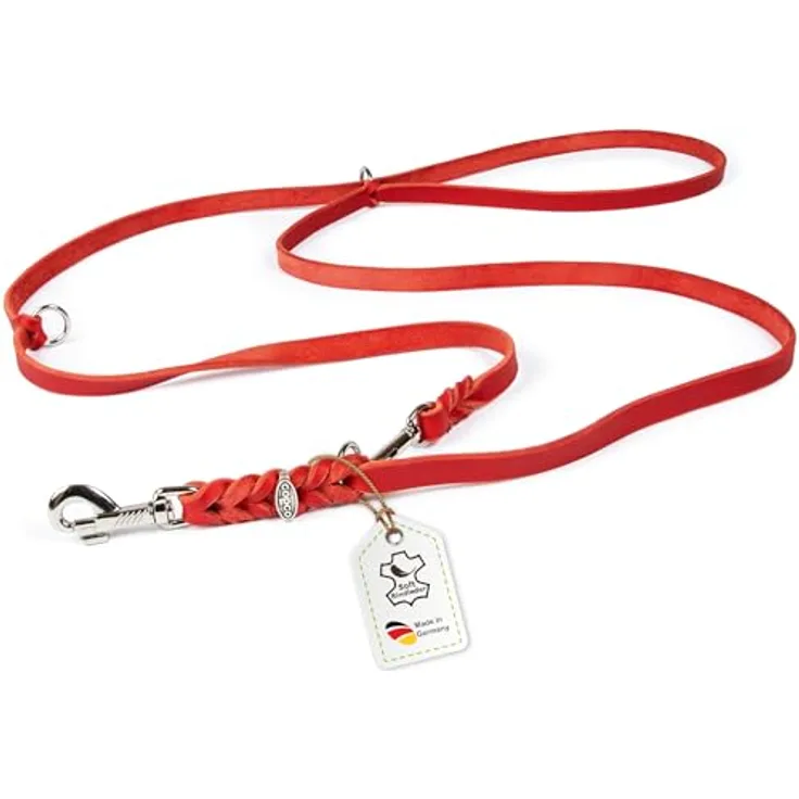 CopcoPet Fettleder Hundeleine 2m x 8mm Rot – 3-fach verstellbar, geflochten, mit Chrombeschlägen – robust und grifffest, ideal für kleine Hunde, Handgefertigt in Deutschland