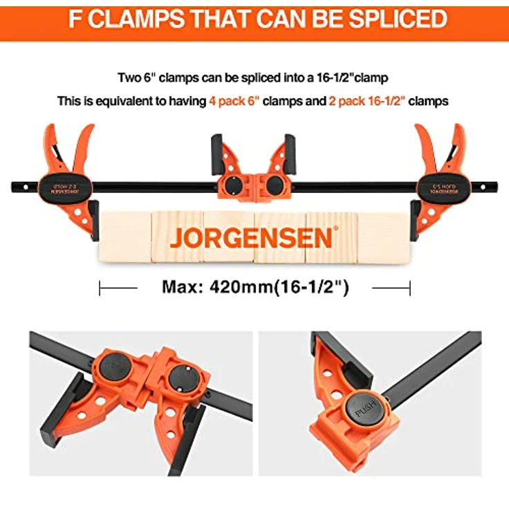 Jorgensen Schraubzwingen Set Profi Einhandzwingen 4 Stück, Spannweite 150mm, Dehnbereich bis zu 290mm Spannkraft 68kg, Maultiefe 62mm, aus Stahl und Nylon für präzises Fixieren – Bild 2