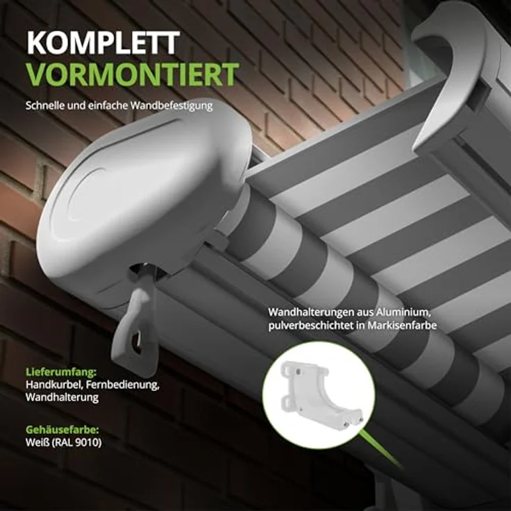 Markise elektrische Kassettenmarkise 2,0x1,5 m Gelenkarm Vollkassettenmarkise Grau-Weiß – Bild 7