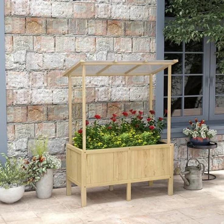 Outsunny Hochbeet aus Holz, Frühbeet mit Deckel, Pflanzkasten mit Vliesstoff, Naturfarben, für Garten und Balkon, 110 x 60 x 152 cm – Bild 2