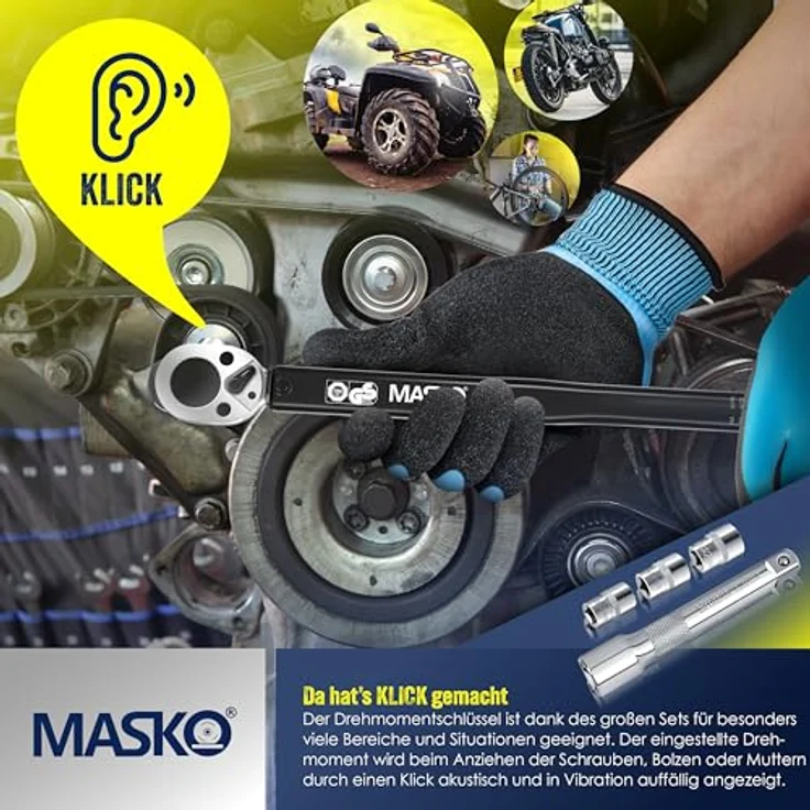 MASKO Drehmomentschlüssel 6tlg. Set 40-210Nm 1-2 ' CV inkl. 3 Stecknüssen 17mm, 19mm, 21mm und Verlängerung 125mm inkl. Koffer +- 4% Toleranz Reifenschlüssel Auto Drehmoment-Schlüssel Schwarz – Bild 5