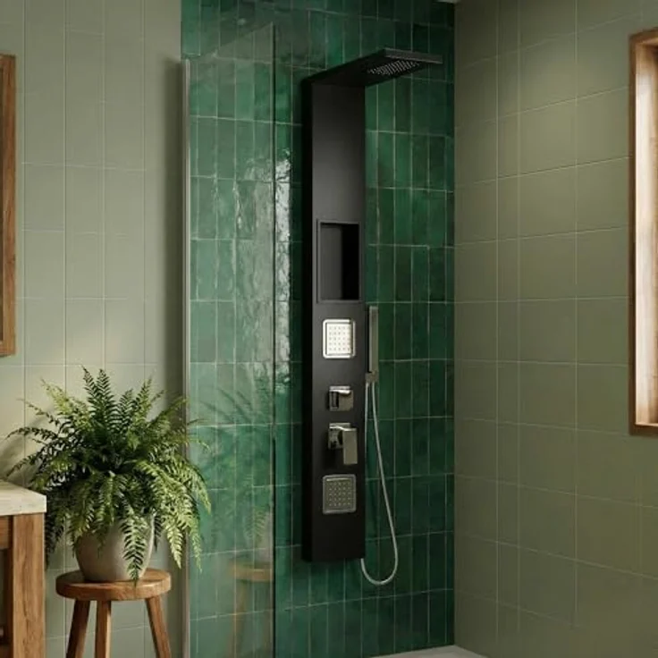 Wunderbad Duschpaneel Schwarz Matt mit Mischerventil, integrierter Wandnische, Regendusche, Massagedüsen und Handbrause – Bild 2