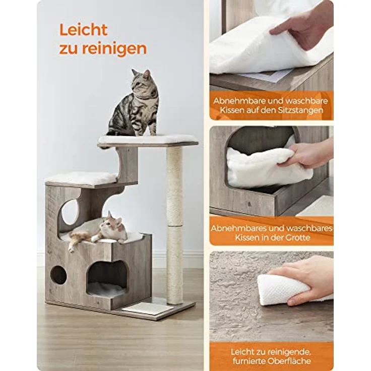 Feandrea Kratzbaum, 86 cm hoher Katzenbaum, Spanplatten-Katzenkratzbaum, mit Höhle, Liegeflächen, Säule und Sisal-Kratzmatte, waschbare Plüschkissen, Greige-weiß PCT070G01 – Bild 3
