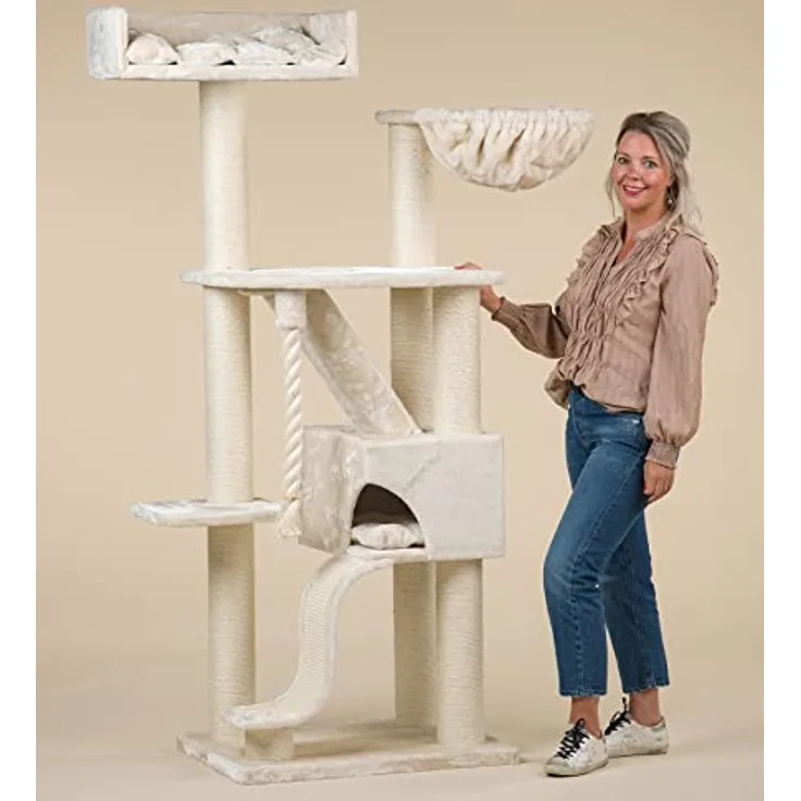 RHRQUALITY Kratzbaum Kilimandjaro de Luxe für große Katzen mit Ø 12cm Sisalstamme - großer Liegefläche & Hängematte für Katzen - der perfekte Spielplatz für Ihren Katzenfreund (Beige) - Preisvergleich
