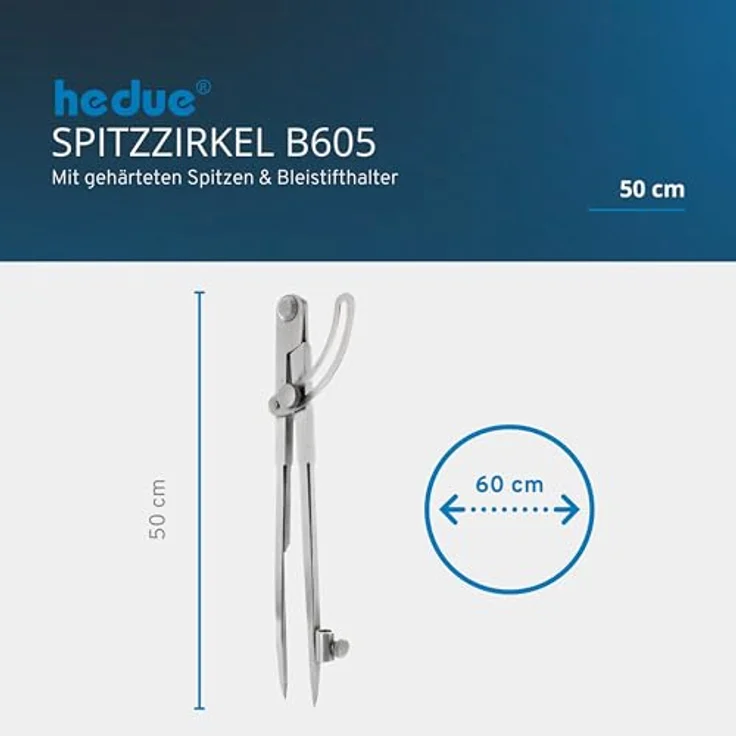 HEDUE B605 Spitzzirkel 500 mm mit Bleistifthalter und Stellbogen, geschmiedeter Stahl – Bild 3