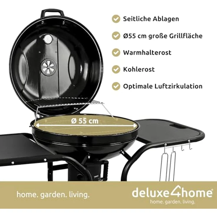 deluxe4home® Kugelgrill Ø55 cm mit Ablagefläche I Rollbarer Grillwagen mit Deckel I BBQ Holzkohlegrill, Grill rund für Holzkohle Barbecue Grill, schwarz – Bild 3