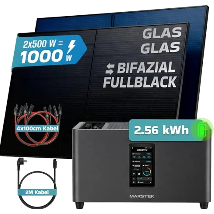 SUNNIVA® MARSTEK Jupiter C + Plus 1000W Balkonkraftwerk, 2,56 kWh Speicher, Bifazial FULLBLACK, PV Komplettset mit 2x 500W N-Type Glas-Glas Solarmodulen – Bild 2