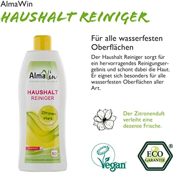 AlmaWin Haushaltsreiniger 500 ml I Umweltfreundlicher Allzweckreiniger für den Haushalt I Mit Zitronen-Duft I Für alle wasserfesten Oberflächen I Frei von synthetischen Duft- & Farbstoffen I Vegan – Bild 3
