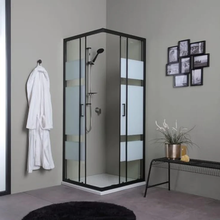 Kiamami Valentina Duschkabine Dekorglas 90x90 cm mit mattschwarzem Rahmen und Schiebeöffnung – Bild 2