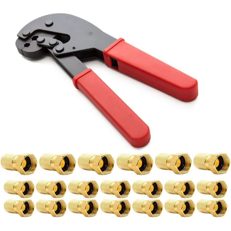 PremiumX PX-106C Zangenset, Crimpingzange für SAT-Werkzeug mit 20x goldenen F-Steckern für 7,5 mm Koaxialkabel
