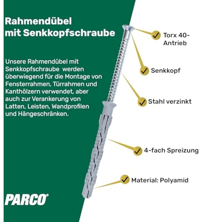 PARCO Rahmendübel mit Senkkopfschrauben TX40, 8x80 mm, 50 Stück - Fassaden- und Fensterdübel mit ETA-12/0272 Zulassung, hohe Haltekraft und einfache Montage – Bild 4