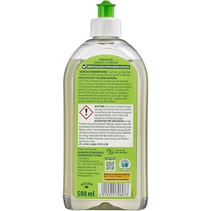Almawin Spülmittel Sanddorn Mandarine, 500ml Geschirrspülmittel mit hautmilden Weizenproteinen und fruchtigem Duft – Bild 4