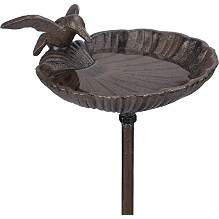 Relaxdays Vogeltränke zum Stecken, Wasserschale mit Vogel, frostsicher, Gartenstecker, 100 cm hoch, Gusseisen, braun – Bild 1