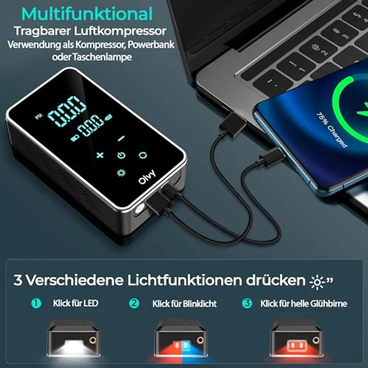 Olvy Elektrische Luftpumpe, Tragbare Reifenpumpe mit 7000 mAh Akku für schnelles Aufpumpen, universelle Kompatibilität – Bild 5