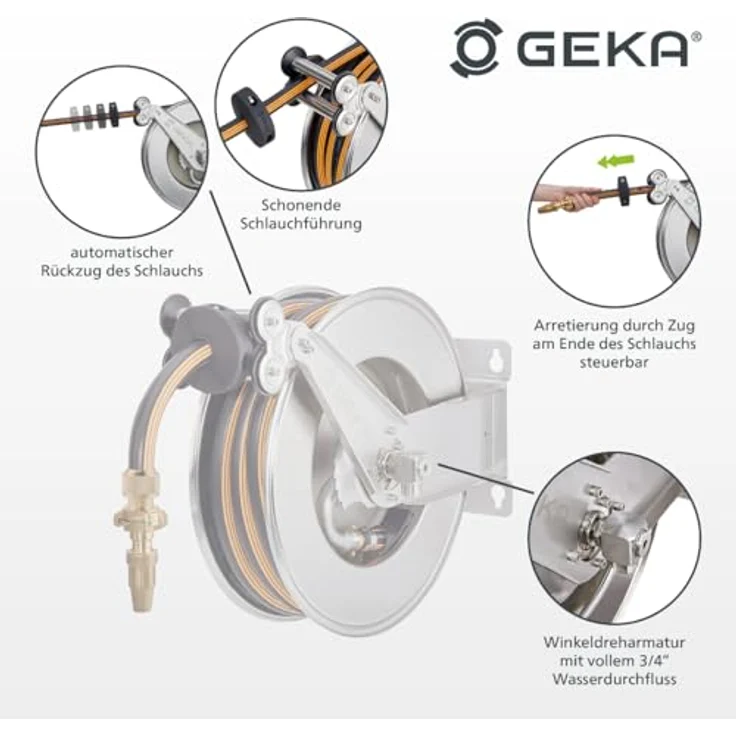 GEKA plus automatischer Schlauchaufroller EA15SK, mit Gummischlauch, rostfreie Edelstahlkonstruktion, individuell positionierbarer Schlauchstopper, vielseitige Montagemöglichkeiten – Bild 3