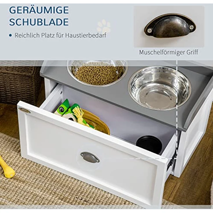 PawHut Hundenapf mit Schublade, 2 x 2L Futternapf, erhöhter Fressnapf, Edelstahlnapf, Futterstation für Katzen und Hunde, Weiß – Bild 5