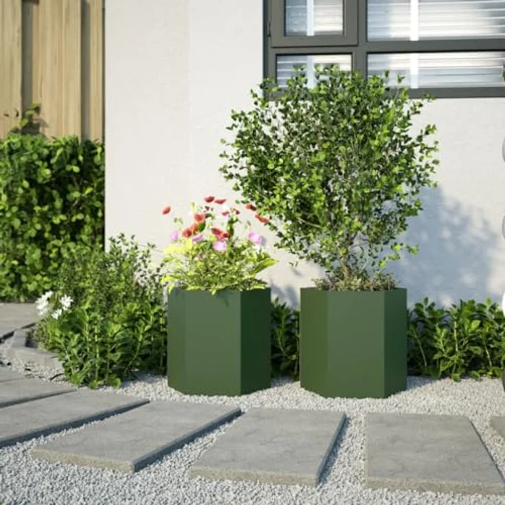 vidaXL Pflanzkübel 2 STK. Olivgrün Sechseckig 46x40x45 Stahl, robust und witterungsbeständig – Bild 3