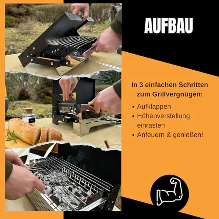 SCHNEIDERFREUDE Klappgrill 2.0, Höhenverstellbarer Holzkohle-Camping-Grill mit Doppelfunktions-Zangen & Tragetasche, DEKRA-geprüft – Bild 2