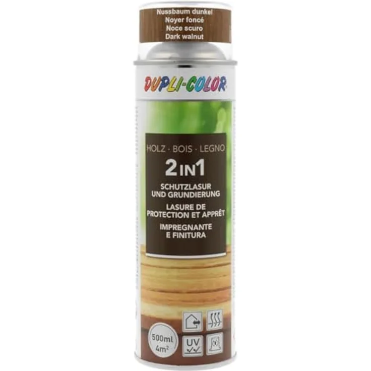 DUPLI-COLOR Holzschutzlasur Spray Nussbaum dunkel 500 ml – 2-in-1 Grundierung und Lasur, UV-Schutz, atmungsaktiv, für Holz innen und außen