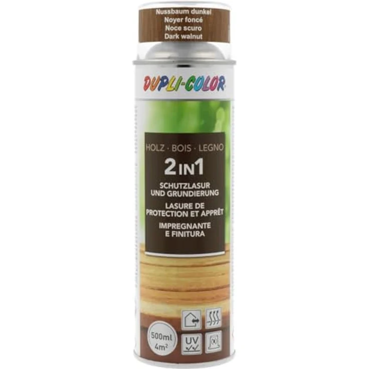 DUPLI-COLOR Holzschutzlasur Spray Nussbaum dunkel 500 ml – 2-in-1 Grundierung und Lasur, UV-Schutz, atmungsaktiv, für Holz innen und außen – Bild 1
