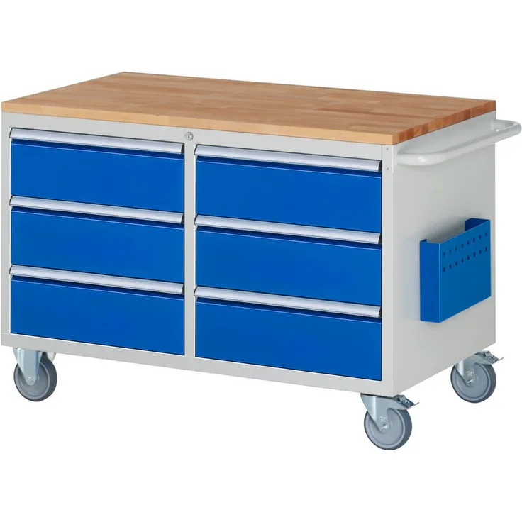 RAU Transportwagen Montagewagen 1145x650x795mm, 6 Schubladen, lichtgrau/enzianblau, mit rollengelagertem Auszug und Zylinderschloss