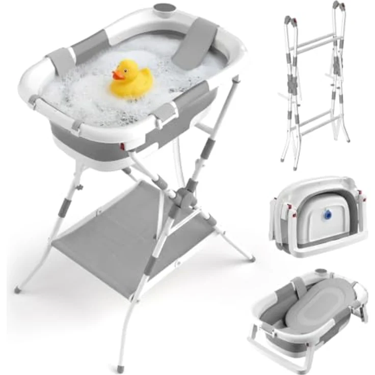 relaxdays Faltbare Babybadewanne mit Gestell, ergonomisch und platzsparend, Grau/Weiße – Bild 1