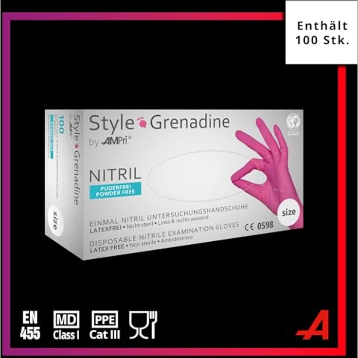 AMPri Nitrilhandschuhe, magenta, pink, 100 Stück/Box, Größe L, puderfrei, Style Grenadine by Med-Comfort: Nitril Einmalhandschuhe, Einweghandschuhe in den Größen XS, S, M, L, XL – Bild 2