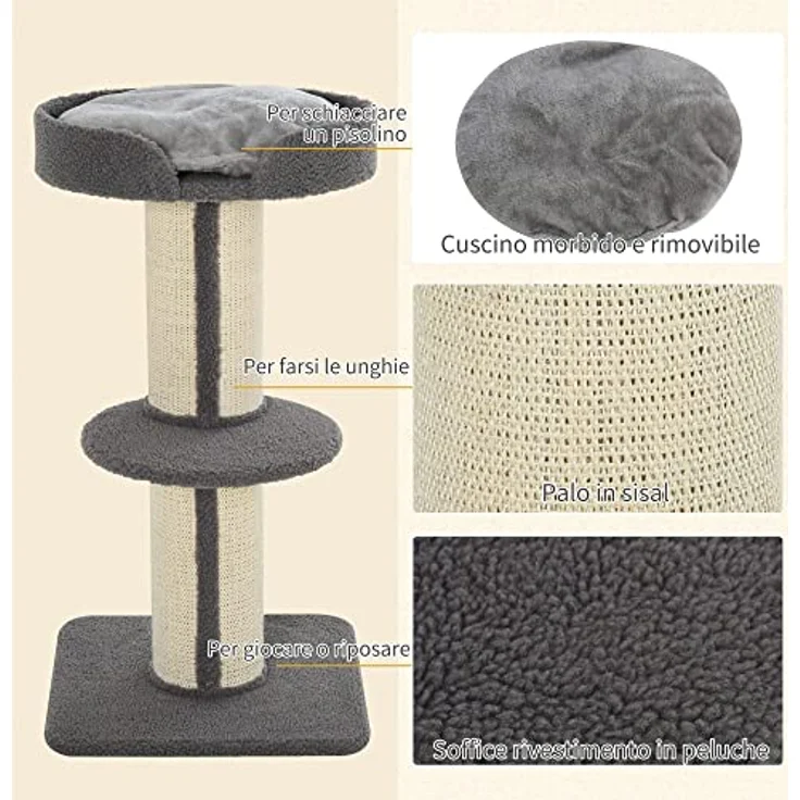 PawHut Katzenbaum Kratzbaum Katzenkratzbaum Spielbaum Kratzstamm mit Plattform Sisal Plüsch Grau 45 x 45 x 91 cm – Bild 5