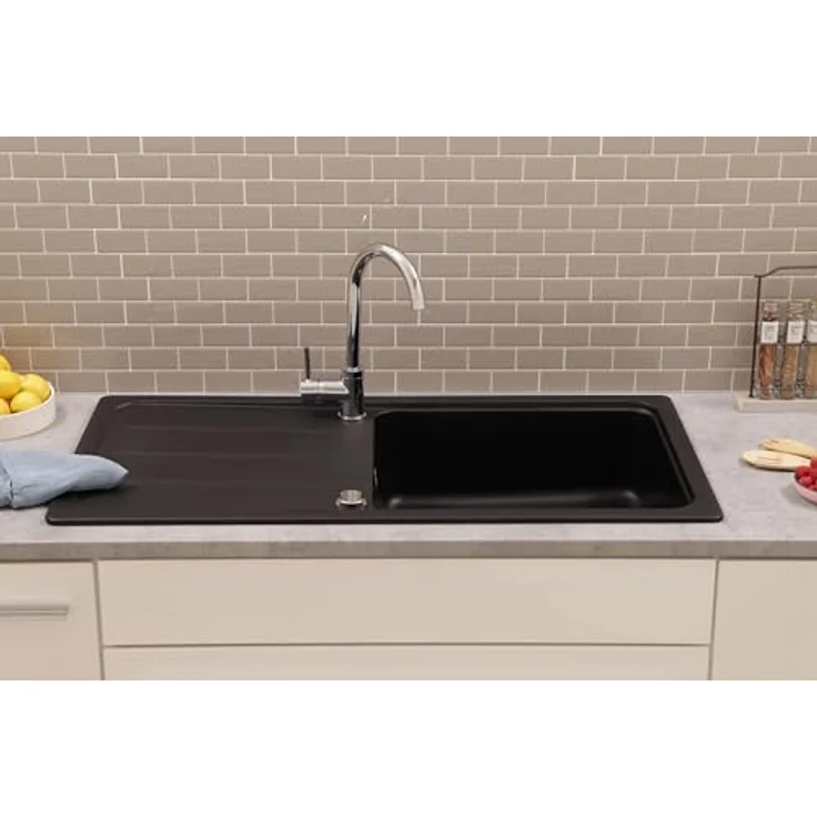 Respekta Austin Massivgranit Spüle 100 x 50 cm, hitzebeständig, abgeschrägte Abtropffläche, Einbau- und Unterbaumontage, 1 Becken, schwarz – Bild 2