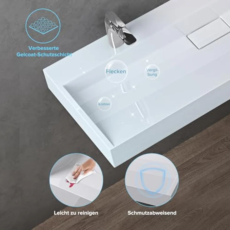 doporro Aufsatzwaschbecken Waschbecken Col19 Gussmarmor Waschtisch inkl. Ablaufgarnitur, mit Hahnlöcher, Eckiges Design, Hochwertiges Gussmarmor, Einfache Montage, Weiß – Bild 5